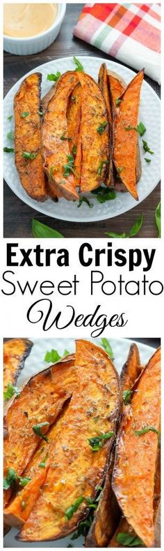 Extra Crispy Sweet Potato Wedges - oven baked and made with simple ingredients. These are SO addicting! Sweet Potato Wedges Oven, Crispy Sweet Potato Wedges, Crispy Sweet Potato, Sweet Potato Wedges, Läcker Mat, God Mat, Potato Wedges, Sweet Potato Recipes, Side Recipes