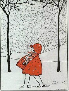 a drawing of a woman walking in the snow with her child on her back, wearing an orange raincoat