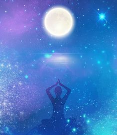 a woman is doing yoga in front of a full moon and the stars above her