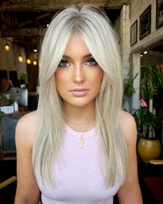 Image 1 of 1 Balayage, Long Hairstyles For Fine Hair, Layered Blonde Hair, Curtain Bangs And Layers, Fine Hair Bangs, Long Fine Hair, Caramel Blonde Hair, Perfect Blonde Hair, Blonde Hair With Bangs