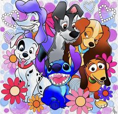 cartoon characters with flowers and hearts in the background, all grouped together to form an image