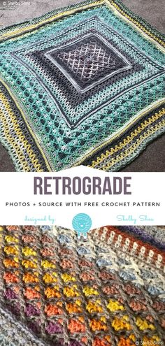 a crocheted blanket with the words retrorade on it, and an image of