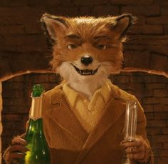 a fox in a suit holding a bottle and glass