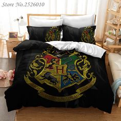 harry potter bedding set with hogwarts crest on black and white duvet cover