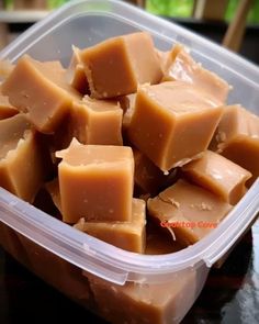 a plastic container filled with lots of brown pieces of wax on top of a table