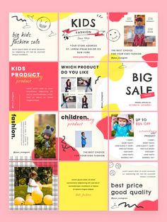 an advertisement for children's clothing on pink and yellow paper with different images in the background