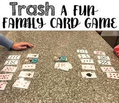 a family card game is shown with the words, trash a fun family card game