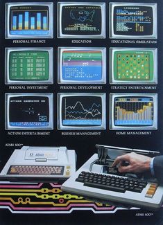 an old computer advertisement with many different types of electronic devices and information on the screen