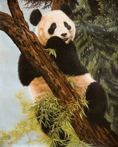 a painting of a panda bear sitting on a tree branch eating leaves from the branches