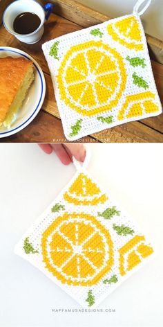 two pictures showing the different stages of crocheted coasters with orange slices on them