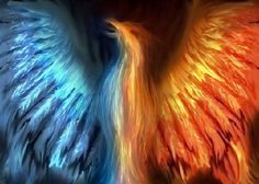 an abstract painting of two different colored wings, one with orange and blue feathers on it