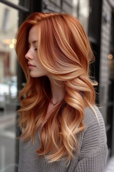 Red Head Blonde Balayage, Strawberry Blonde With Purple Highlights, Hair Color Ideas For Wavy Hair, Spring Auburn Hair, Blonde Hair With Red Ends, Cherry Red With Blonde Highlights, Red Hair Color With Blonde Highlights, Highlighted Red Hair, Three Color Hair