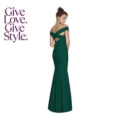 a woman in a green dress with the words give love, give style