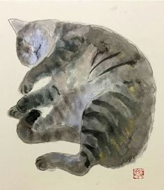 a drawing of a cat laying on its back with it's eyes closed and head down