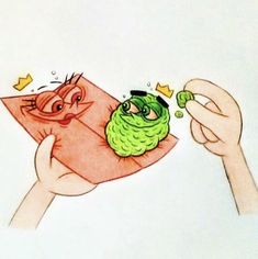 a drawing of a person holding a piece of paper with a green creature on it