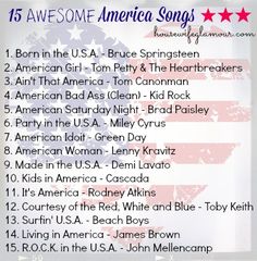 an american song list with the names and numbers