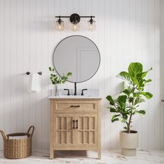 a bathroom with a sink, mirror and potted plant