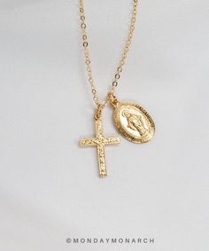 "Pretty duo CROSS and Virgin MARY necklace ♡ Gentle and sparkly, great for layering or as a cute gift for your loved one :) MATERIALS * Comes in Gold Filled and Sterling Silver. * Delicate high quality chain, jump rings and clasp. * Dainty cross charm 16mm in length, virgin Mary charm 15mm in length. LENGTH * Comes in one size 16\"+ 2\"= 18\" in total. * You can measure your neck for your perfect length, the standard length is 18\". PACKAGING & GIFTS We will package your order in a beautiful Mary Necklace Silver, Silver Cross Necklace Woman, Small Cross Necklace, Cross Necklace Women, Mary Necklace, Virgin Mary Necklace, Jewelry Cross, Silver Cross Necklace, Christian Necklace