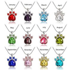 Birthstone Paw Prints Necklace - Glitzy  Ringz Birthstone Charm Necklace, Zodiac Sign Fashion, Crystal Dog, Paw Print Necklace, Paw Print Charm, Foot Print, Animale Rare, Magical Jewelry, Family Search