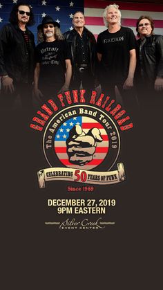 an event poster with the band's name on it and american flag in the background