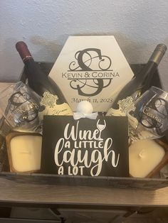 wine and candle gift basket with personalized sign