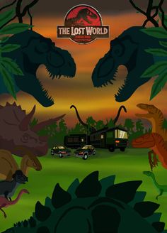 the lost world poster with dinosaurs and cars