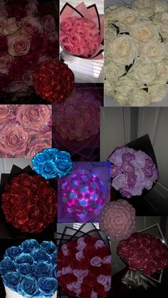 many different pictures of flowers in vases with lights on the top and below them