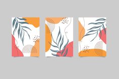 three abstract paintings with leaves and circles in orange, blue, pink and white colors