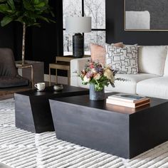 a living room with black walls and white carpeted flooring, two coffee tables on either side of the couch