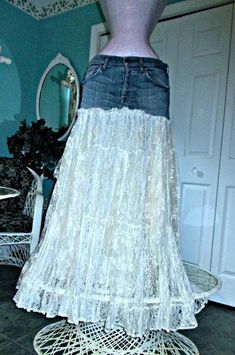 Ruffle lace jean skirt ivory French cream fairy goddess boho beach wedding mermaid cowgirl Stevie Nicks festival  Renaissance Denim Couture Upcycling, Couture, Jean Skirts Outfit, Jean Alterations, Mermaid Cowgirl, Denim Mermaid Skirt, Denim Wedding Dresses, Beach Jeans, Cedar Sage