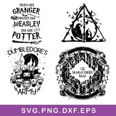 harry potter svg files for silhouettes and cricture designs, including the deathly