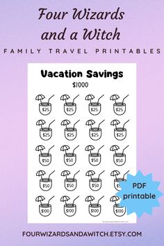 Vacation Savings with 20 coconut drink symbols on the page. Each symbol has a dollar amount. You color in each symbol as you save the amount that is listed. You will save one thousand dollars once all the coconut drinks are colored in. Summer Travel Packing, Vacation Countdown