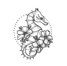 a black and white drawing of a sea horse with flowers on it's back