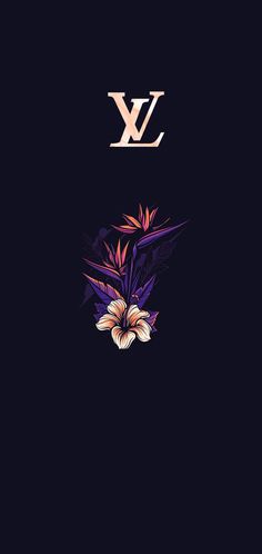 the lv logo is shown on a black background with purple flowers and gold letters