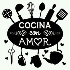 a black and white sign that says cocina con amar with cooking utensils