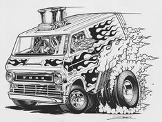 a black and white drawing of a van with flames coming out of it