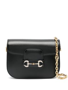 black leather textured finish detachable chain-link shoulder strap crystal embellished signature Horsebit detail main compartment internal logo patch canvas lining gold-tone hardware foldover top This piece comes complete with a protective dust bag. Bag Farfetch, Gucci Mini, Chanel 2, Demi Fine Jewelry, Leather Texture, Gucci Black, Ballet Flat Shoes, Fine Earrings, Fashion Bracelets Jewelry