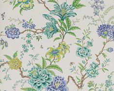 a floral wallpaper with blue and green flowers