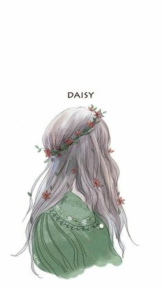 a drawing of a girl with long hair and flowers in her hair, wearing a green dress