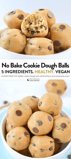 no bake cookie dough balls in a white bowl with chocolate chips on top and bottom