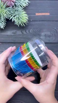 a person holding a cup with colored toothbrushes in it on top of a wooden table