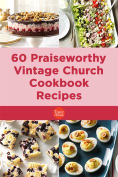 the cover of 50 praiseworthy vintage church cookbook recipes, including cake and desserts