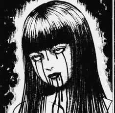 a black and white drawing of a girl with blood on her face