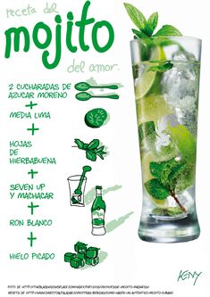 the mojito cocktail recipe is shown with ingredients and instructions to make it in a tall glass