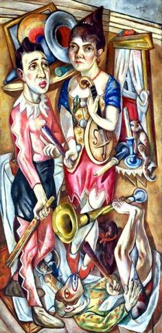 a painting with two people playing instruments