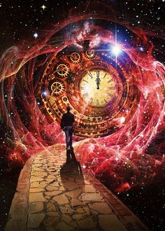 a person standing in front of a clock surrounded by stars