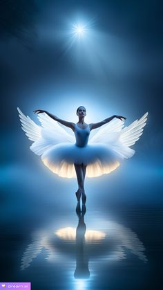 a ballerina with white wings is dancing in the dark blue water and bright lights