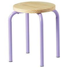 a wooden stool with purple metal legs on a white background for use in children's furniture