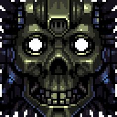 a pixellated image of a skull with big eyes and an evil look on it's face