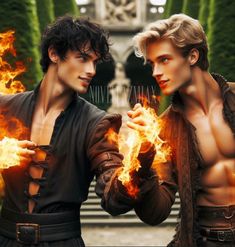 two men with fire in their hands standing next to each other, one holding his shirt open